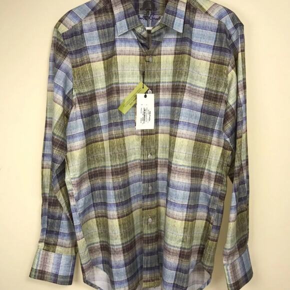 Robert Graham Long Sleeve Button Shirt Plaid Mens Medium Checkered Blue Green - Picture 4 of 6
